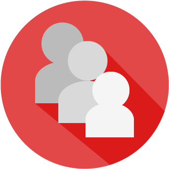 Black and red toned graphic of three figures to simulate a diverse audience group.